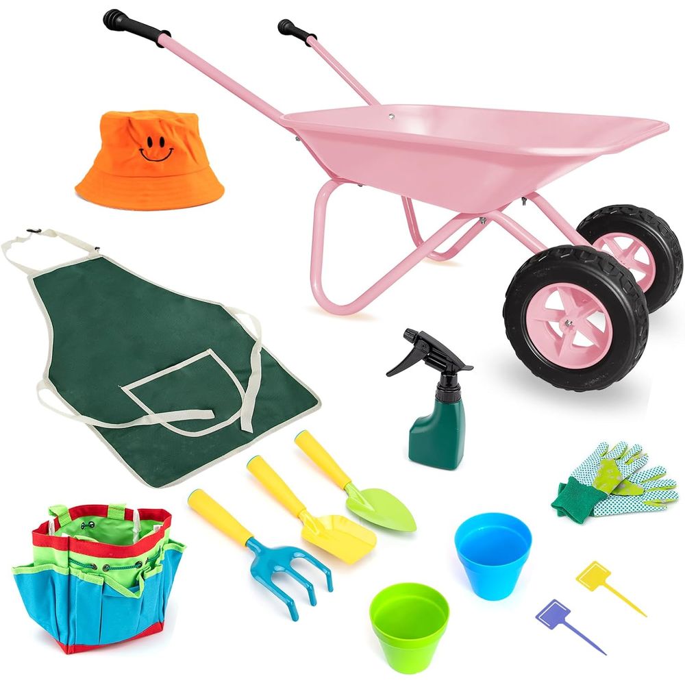 Gardening Tools Pink - Children's Pink Metal Wheelbarrow Set with